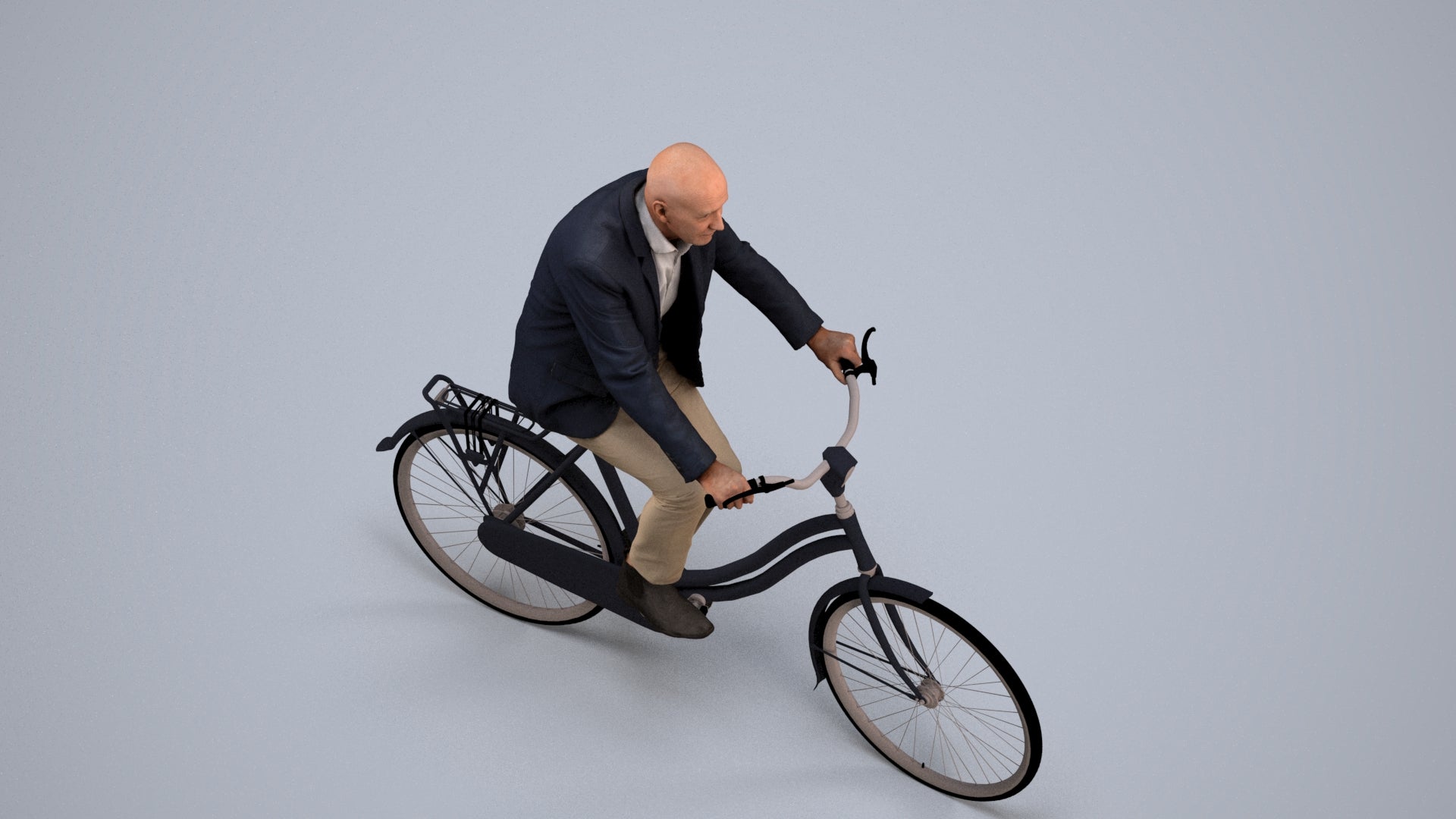 realistic 3D senior man business cycling, scanned archviz people for Blender and 3ds Max, back view render