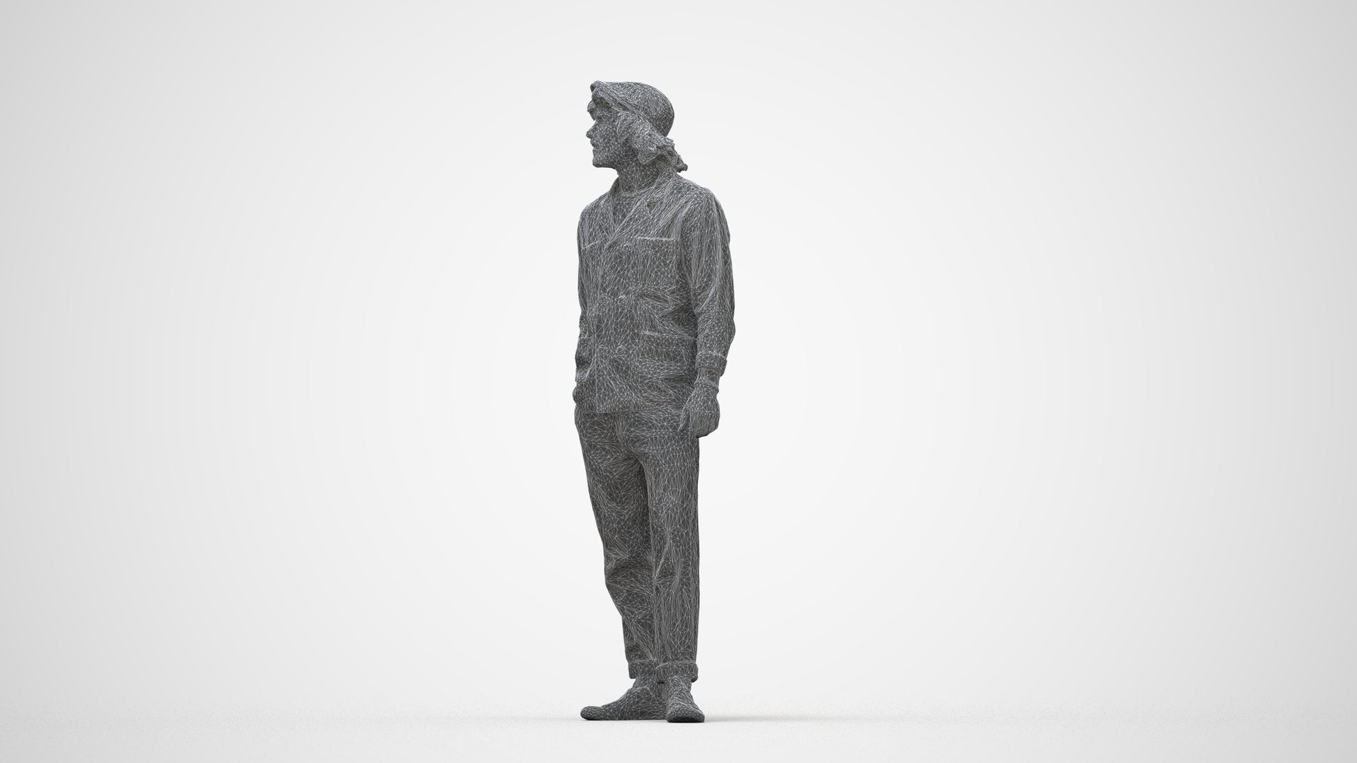 3D scanned man standing casual, photorealistic archviz people for Enscape and SketchUp, wireframe back view