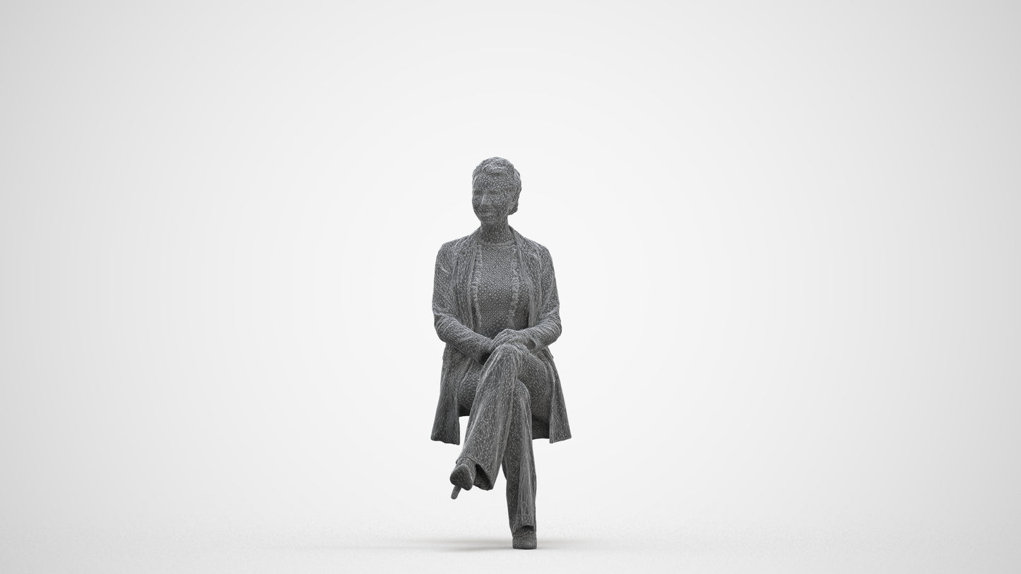 realistic 3D woman business sitting, scanned archviz people for Blender and 3ds Max, three-quarter front view render