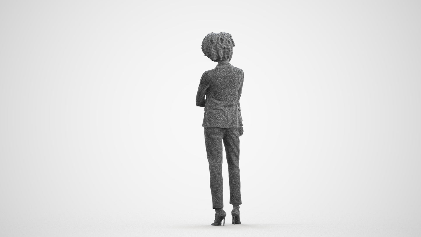 3D scanned woman standing business, photorealistic archviz people for Enscape and SketchUp, wireframe front view