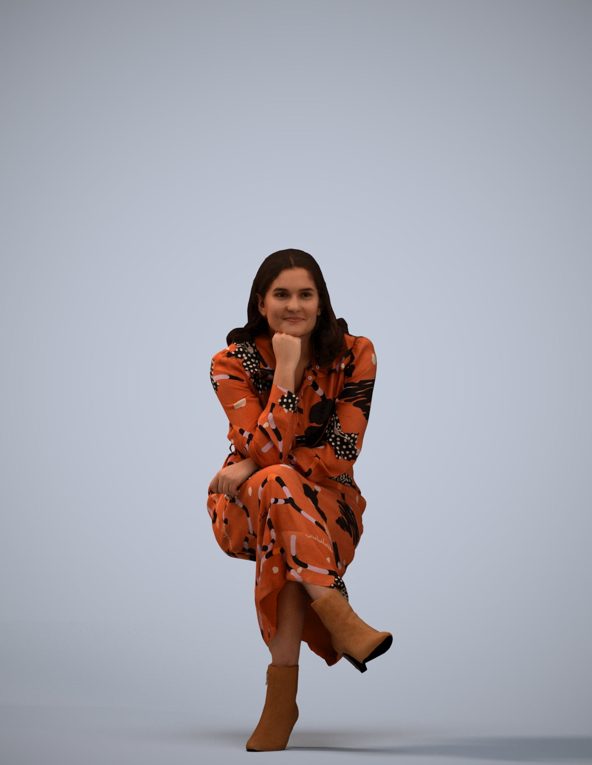 3D scanned woman sitting casual, photorealistic archviz people for Enscape and SketchUp
