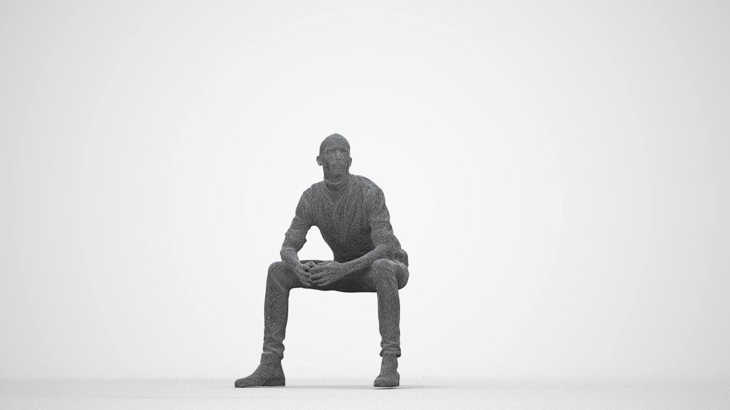 realistic 3D human man casual sitting, archviz people FBX OBJ for Blender, wireframe back view
