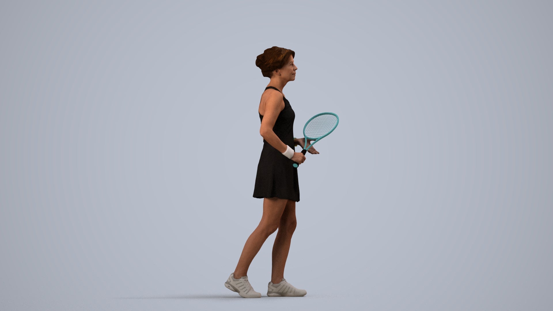 3D human model woman sport, photogrammetry scanned person for archviz, side view render