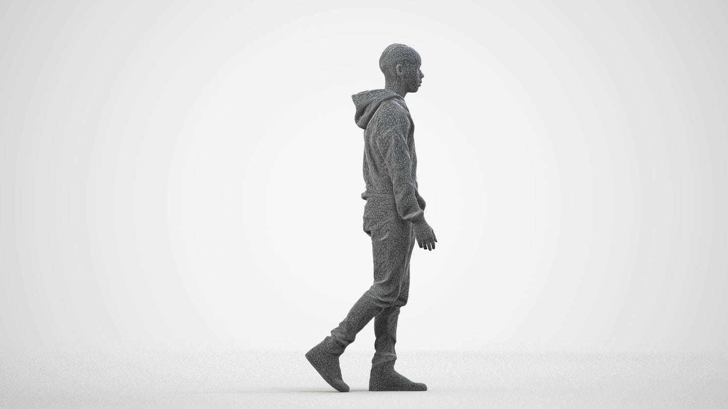 3D scanned boy kids casual, photorealistic archviz people for Enscape and SketchUp, wireframe side view