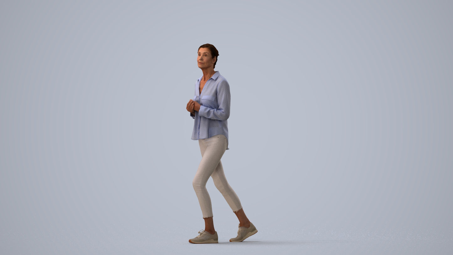 3D scanned senior woman standing casual, photorealistic archviz people for Enscape and SketchUp, three-quarter view render