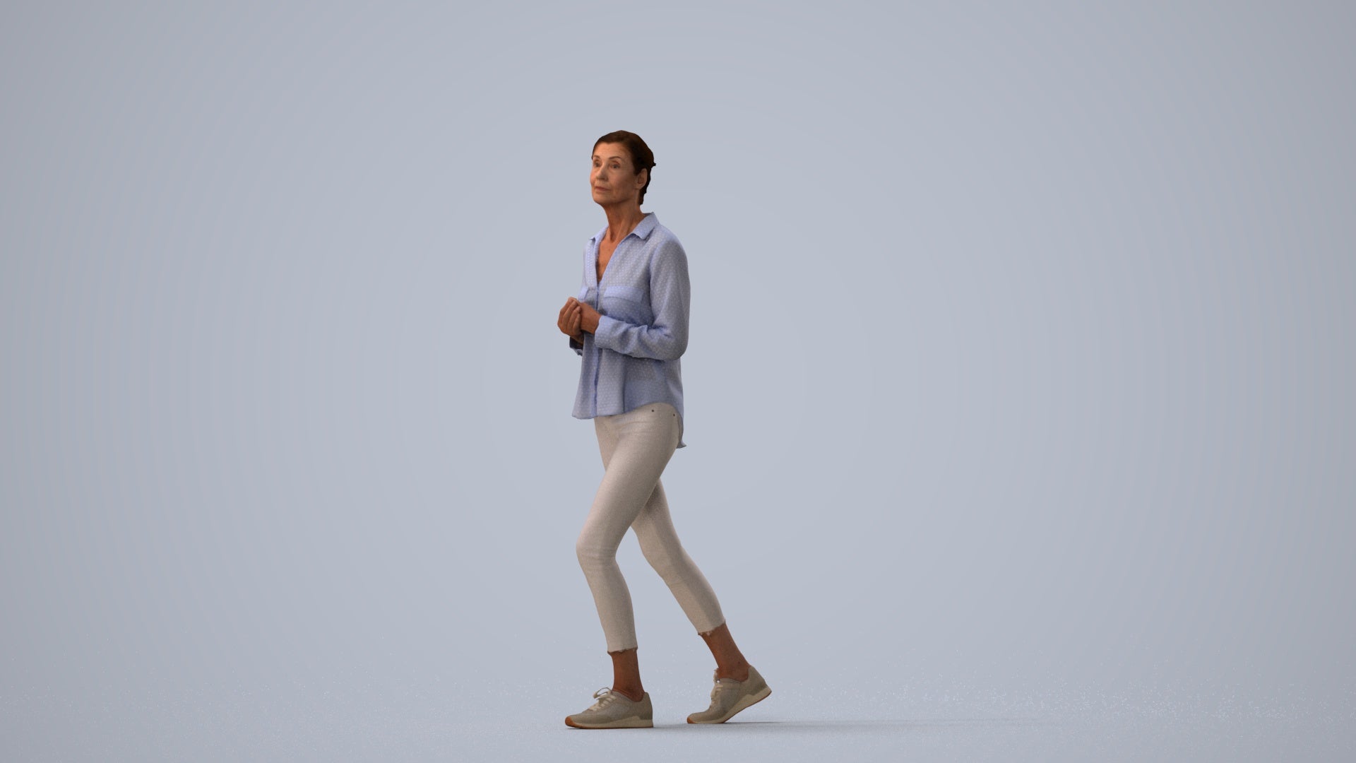 3D scanned senior woman standing casual, photorealistic archviz people for Enscape and SketchUp, three-quarter view render