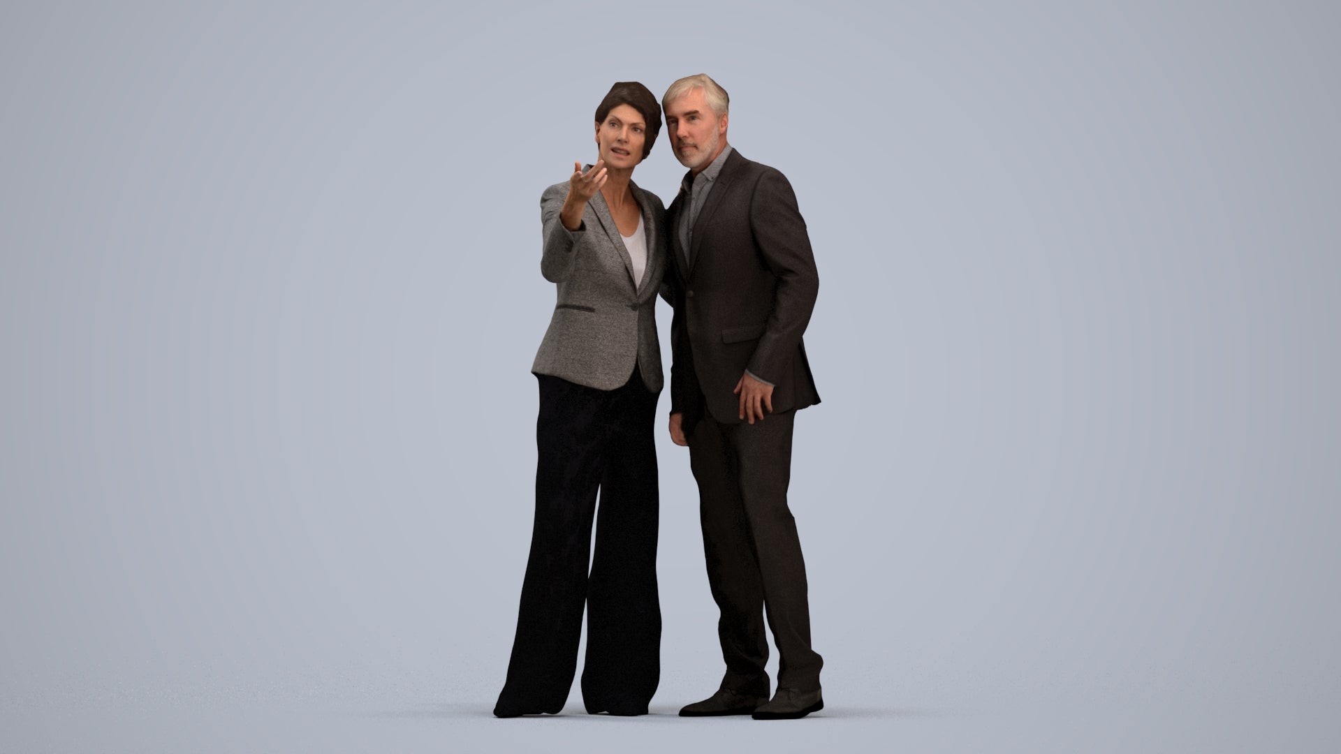 realistic 3D human woman formal couple, archviz people FBX OBJ for Blender, standing pose render
