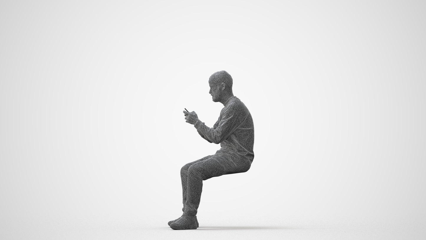 3D human model man casual sitting, photogrammetry scanned person for archviz, square thumbnail