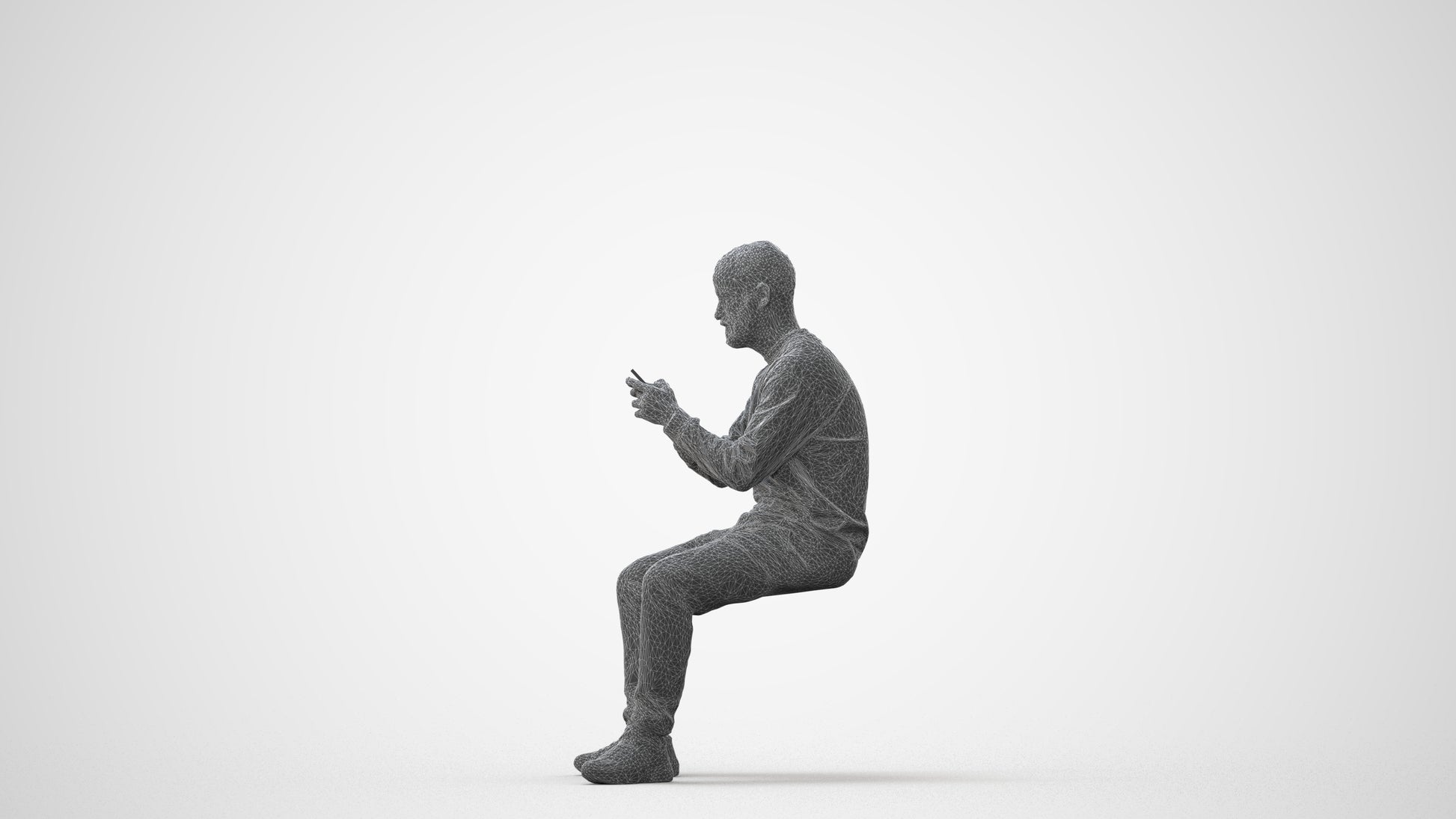 3D human model man casual sitting, photogrammetry scanned person for archviz, square thumbnail