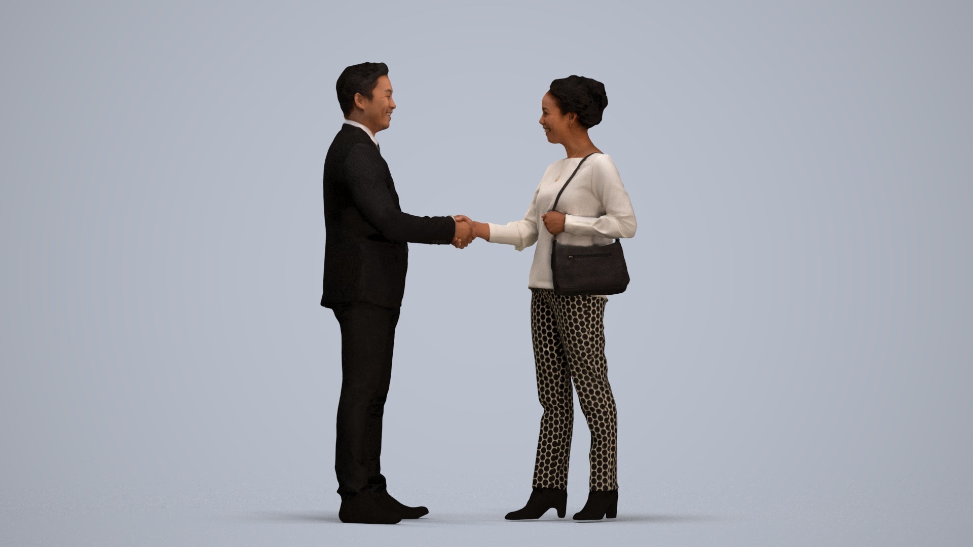3D human model woman casual business, photogrammetry scanned person for archviz, standing pose render