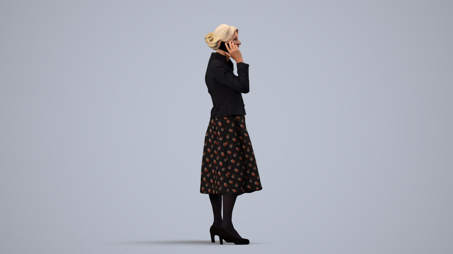 3D human model senior woman business standing, photogrammetry scanned person for archviz, side view render
