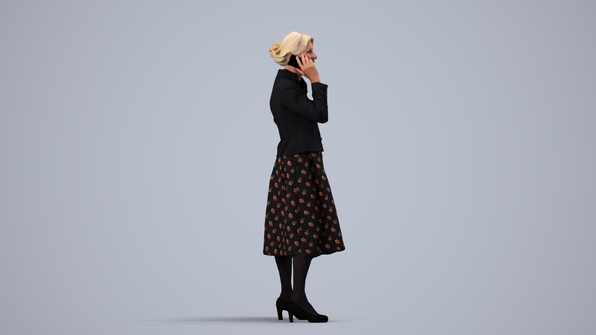 3D human model senior woman business standing, photogrammetry scanned person for archviz, side view render