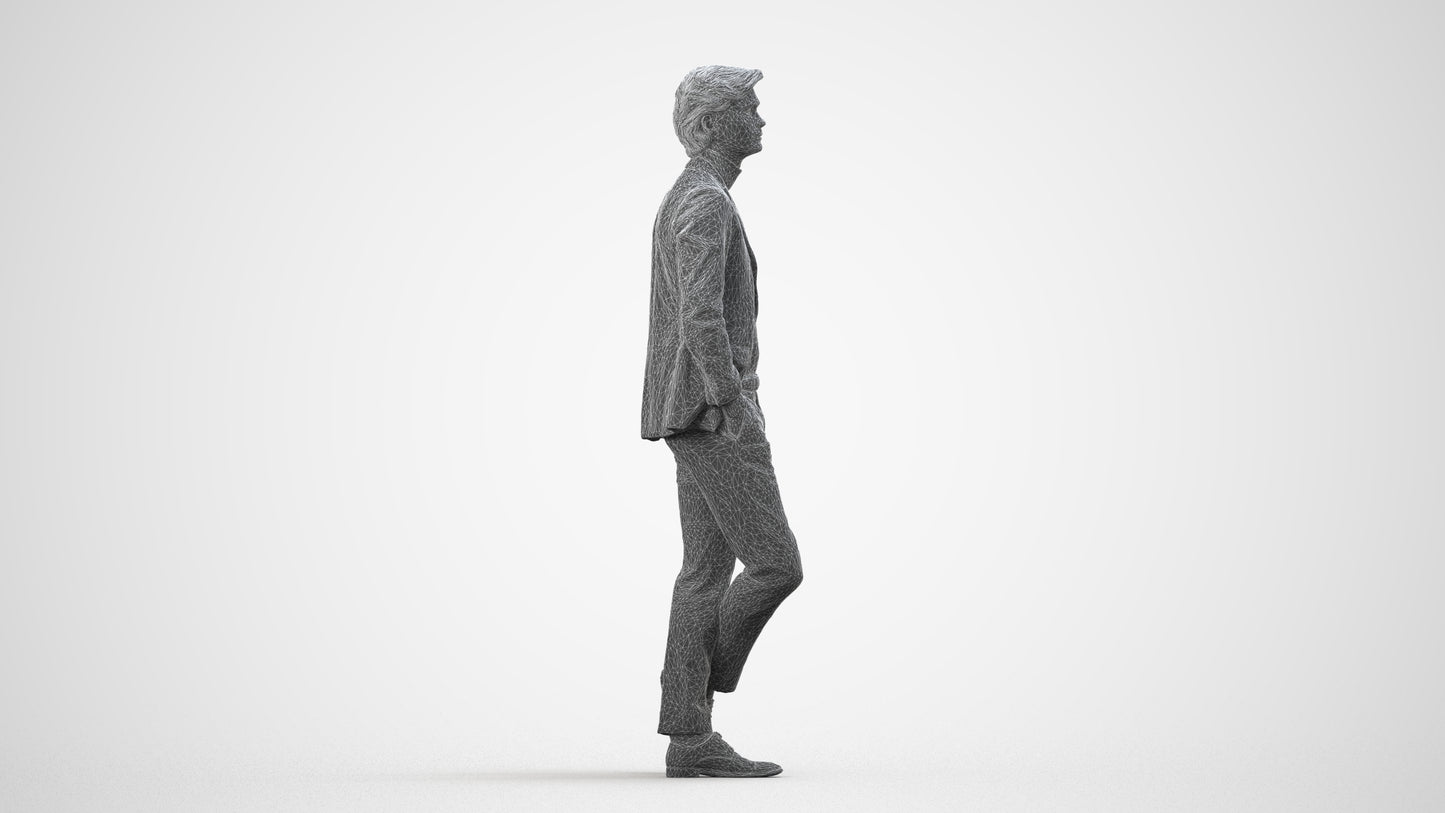 realistic 3D people man business standing, render-ready for V-Ray and Corona, FBX OBJ, wireframe side view
