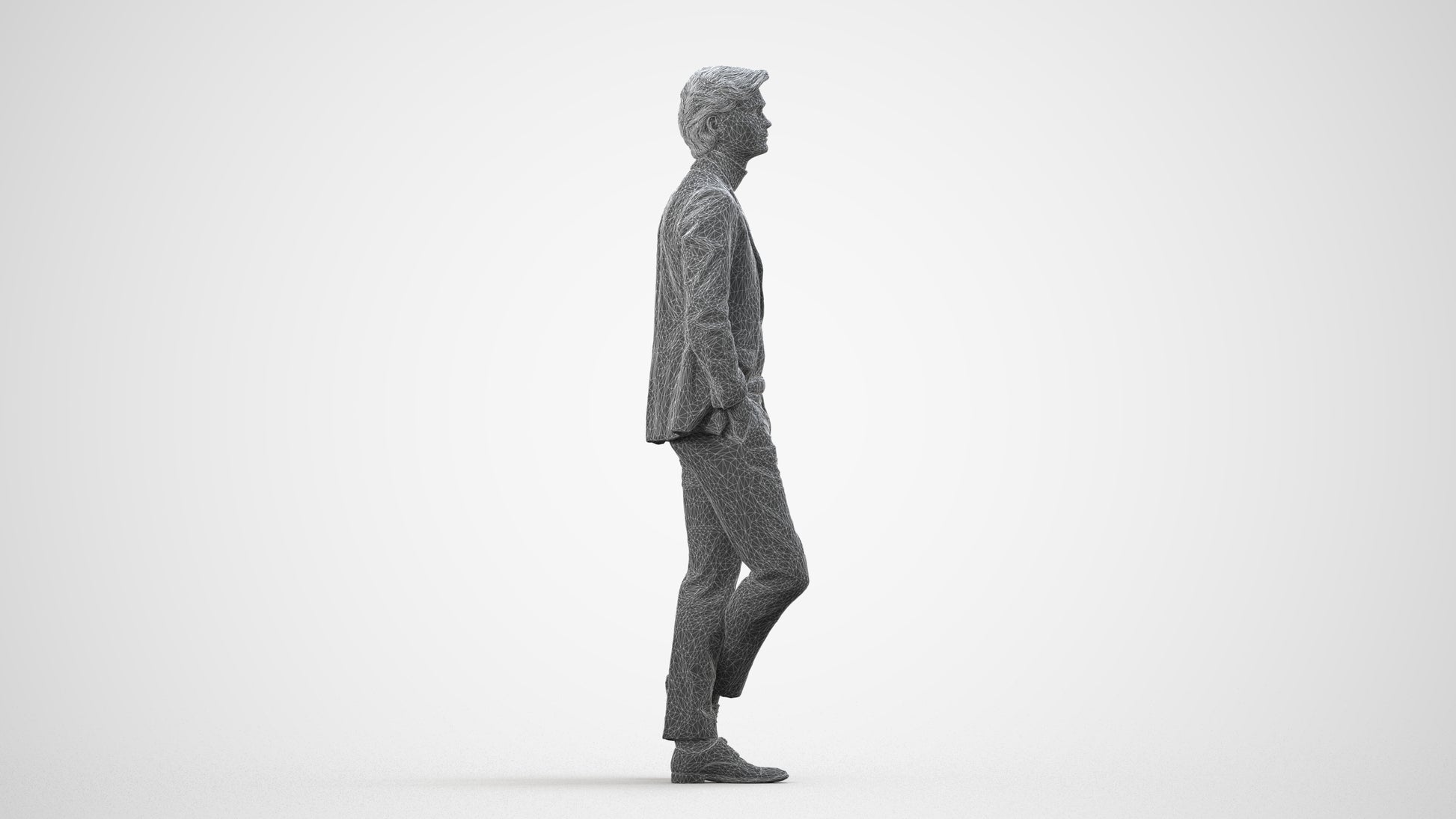 realistic 3D people man business standing, render-ready for V-Ray and Corona, FBX OBJ, wireframe side view