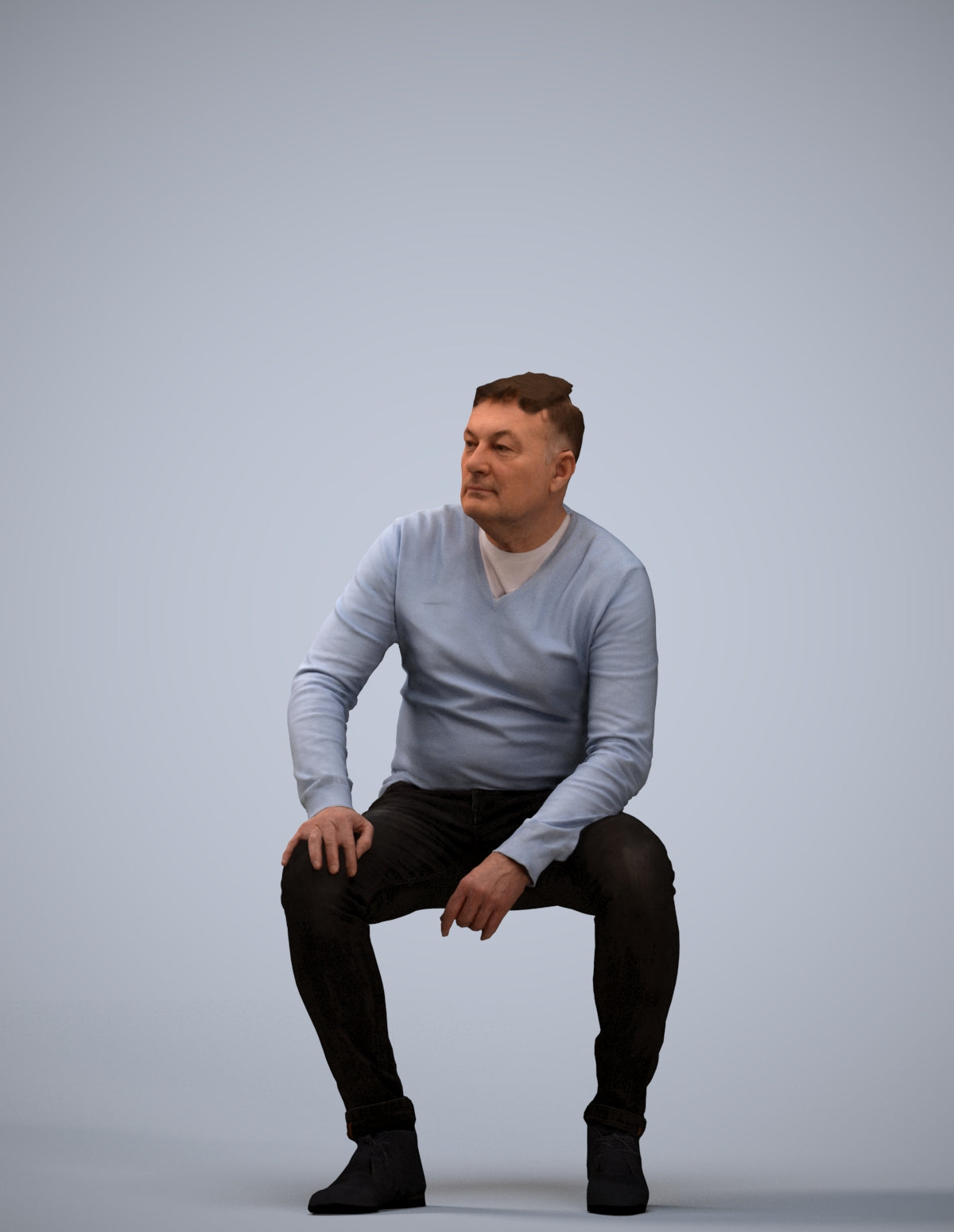 3D human model man casual sitting, photogrammetry scanned person for archviz