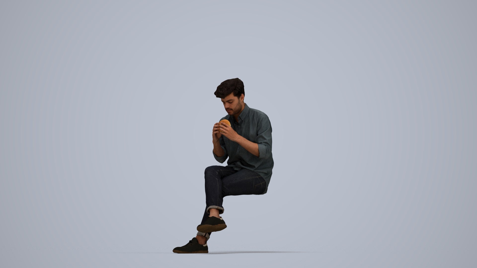 realistic 3D human man casual sitting, archviz people FBX OBJ for Blender, top-down view render