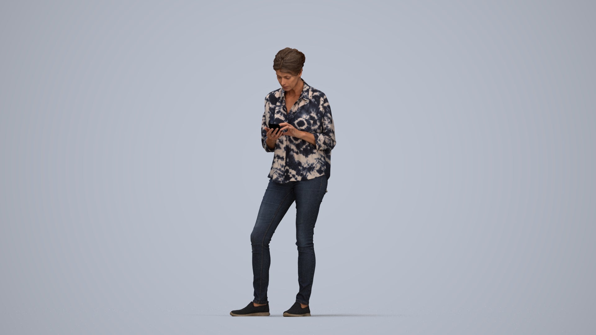 realistic 3D people woman casual standing, render-ready for V-Ray and Corona, FBX OBJ, top-down view render
