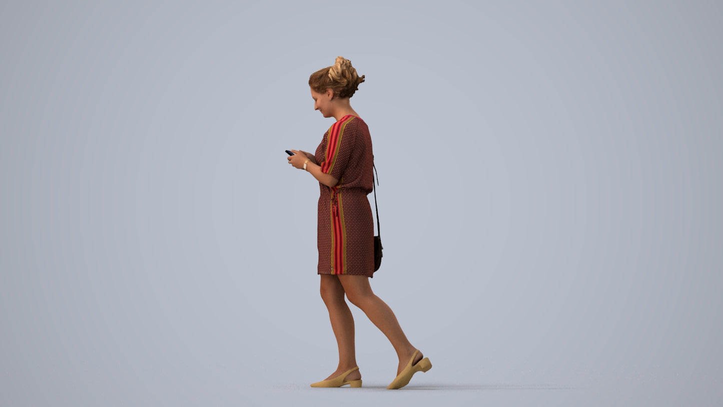 realistic 3D human woman casual walking, archviz people FBX OBJ for Blender, three-quarter view render