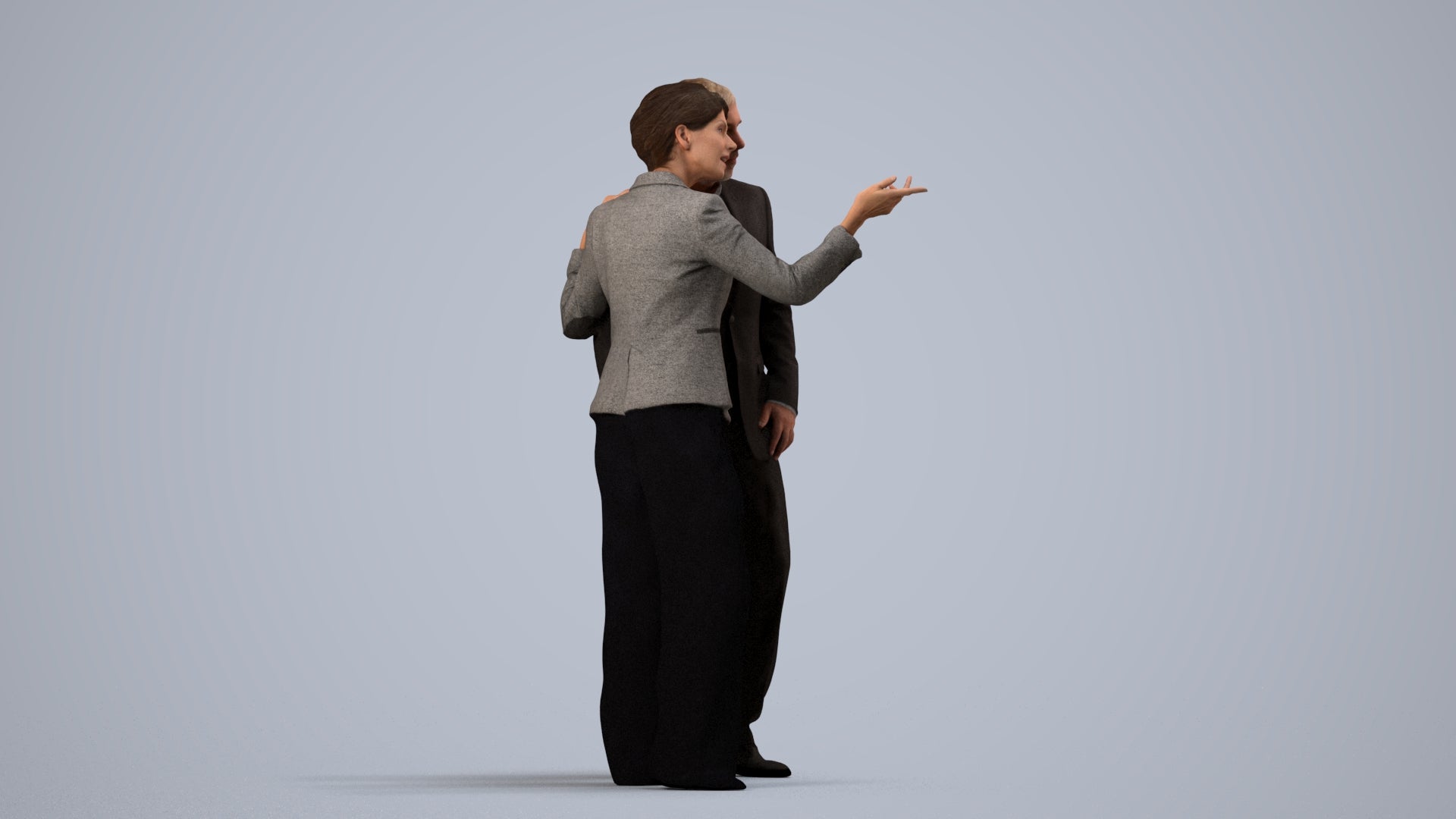 realistic 3D human woman formal couple, archviz people FBX OBJ for Blender, side view render