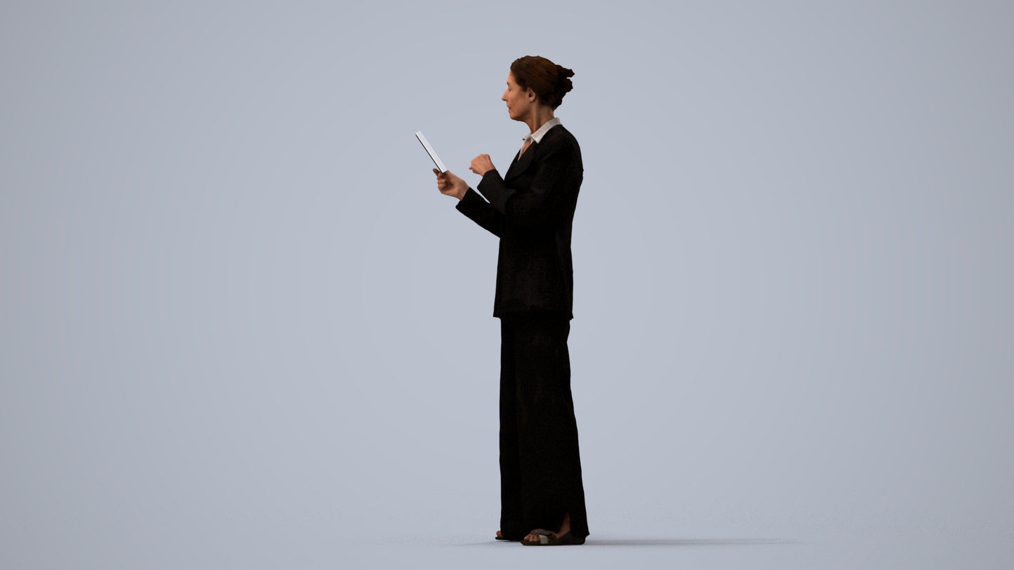 3D scanned senior woman business, photorealistic archviz people for Enscape and SketchUp, three-quarter view render