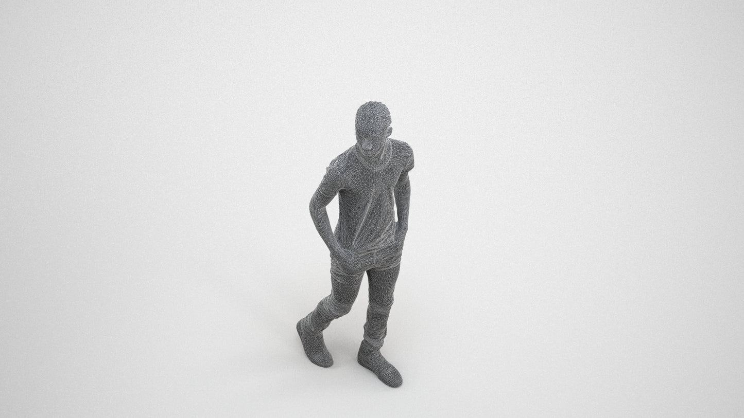 3D human model boy casual kids, photogrammetry scanned person for archviz, wireframe three-quarter view