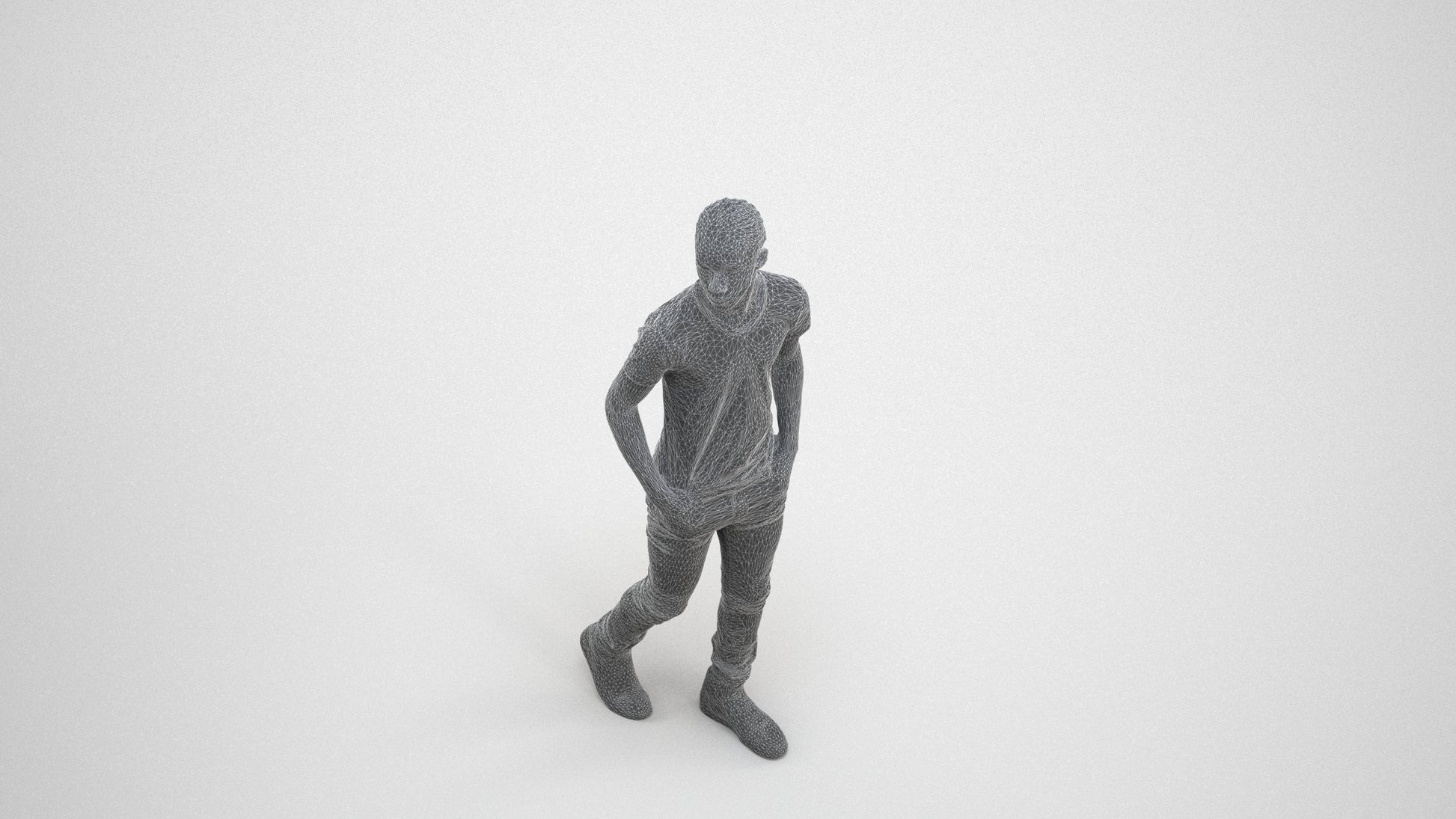 3D human model boy casual kids, photogrammetry scanned person for archviz, wireframe three-quarter view