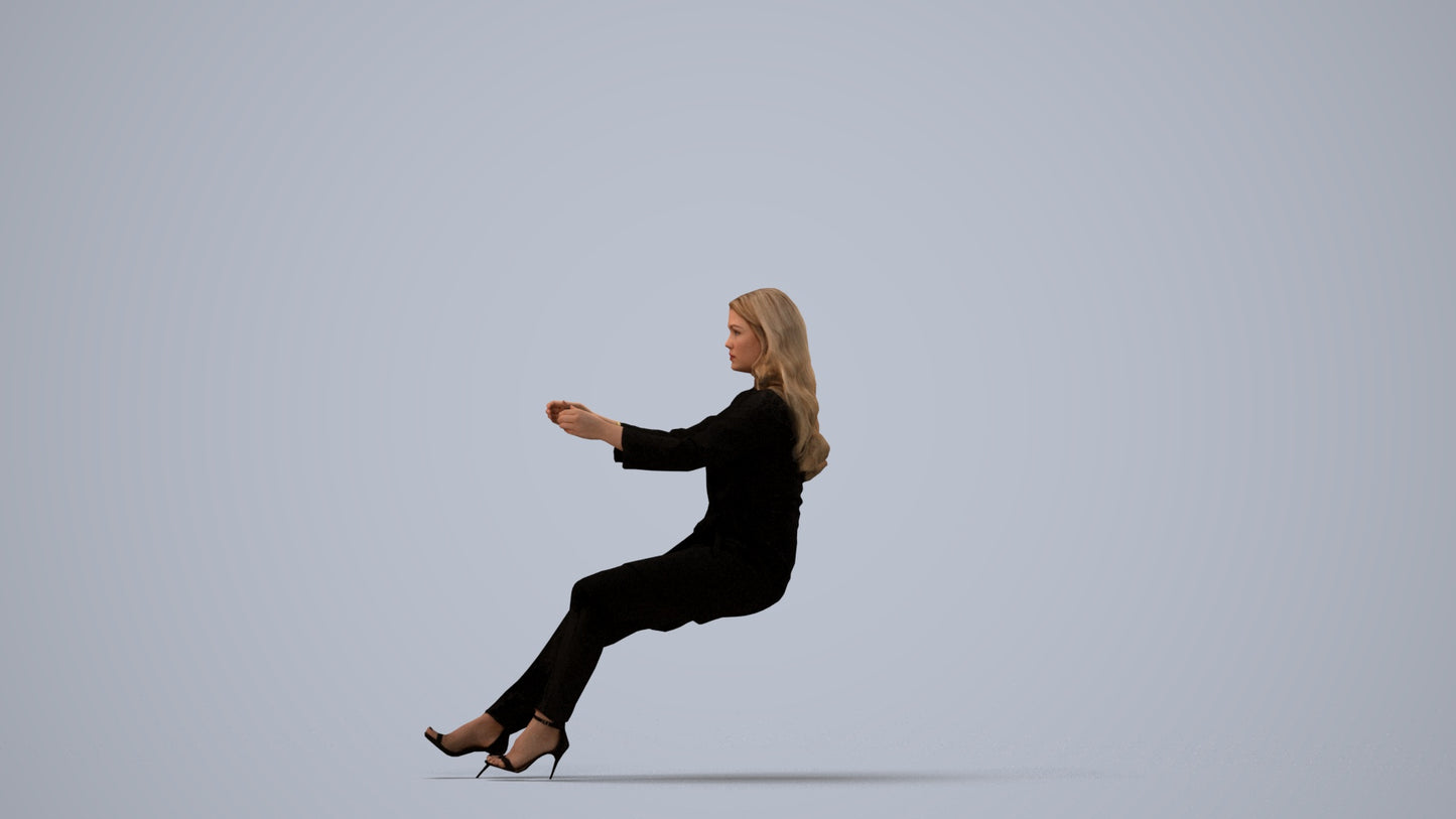 3D human model woman business sitting, photogrammetry scanned person for archviz, three-quarter view render