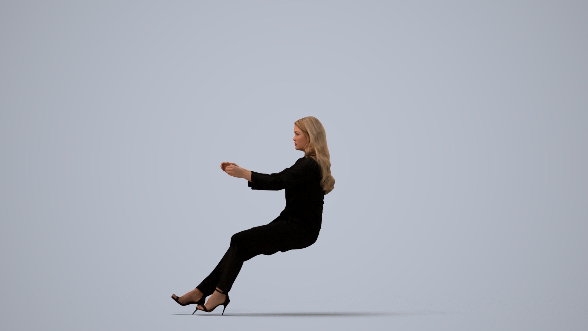 3D human model woman business sitting, photogrammetry scanned person for archviz, three-quarter view render
