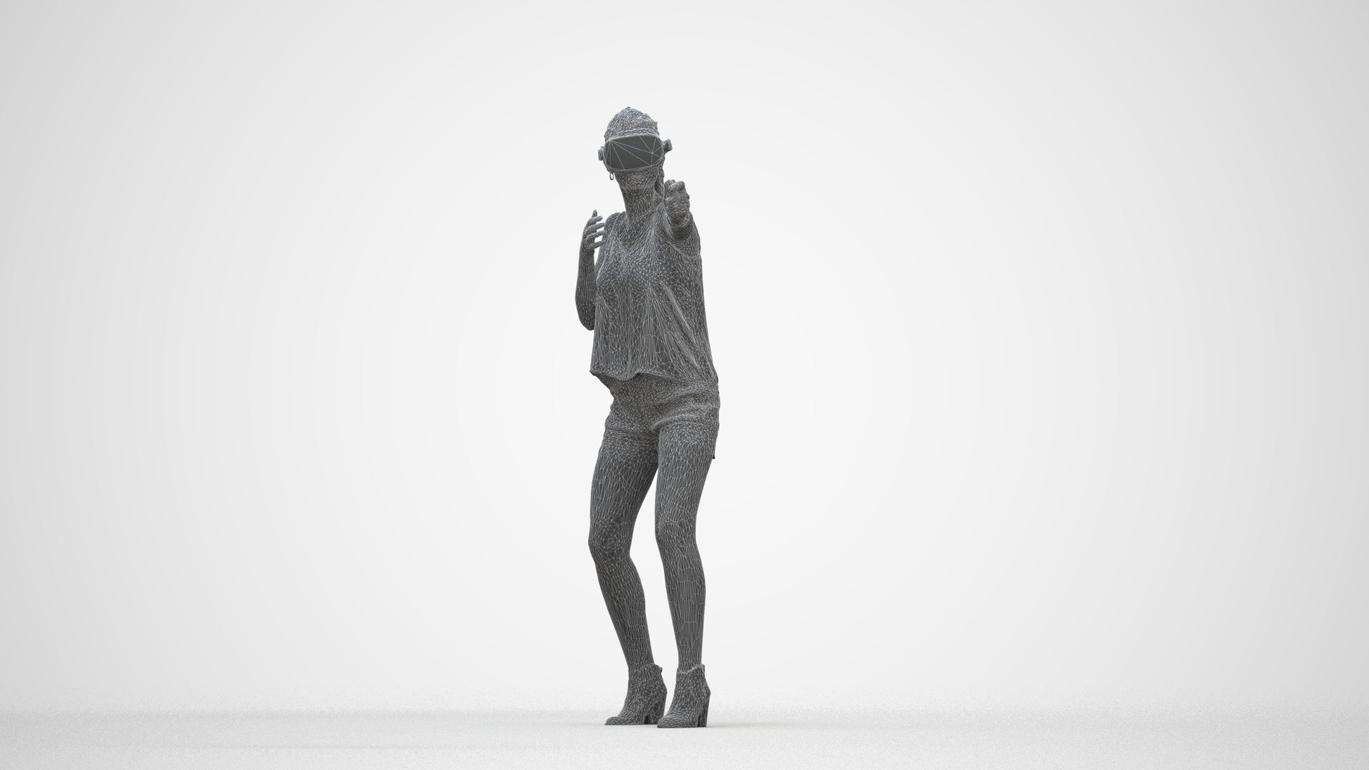 scanned 3D girl casual standing, photogrammetry people for Enscape and V-Ray, wireframe back view