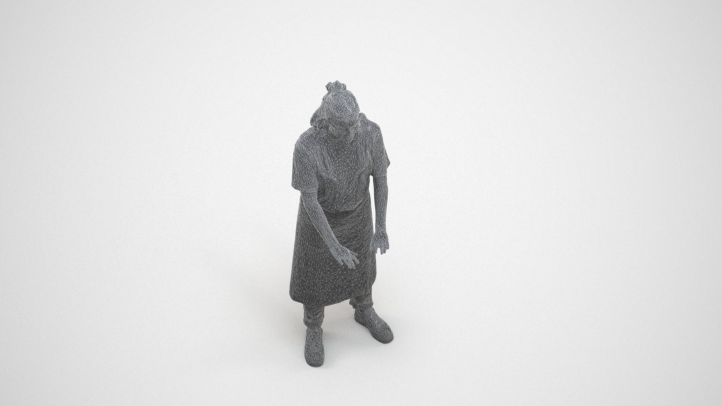 scanned 3D woman hospitality, photogrammetry people for Enscape and V-Ray, wireframe three-quarter view