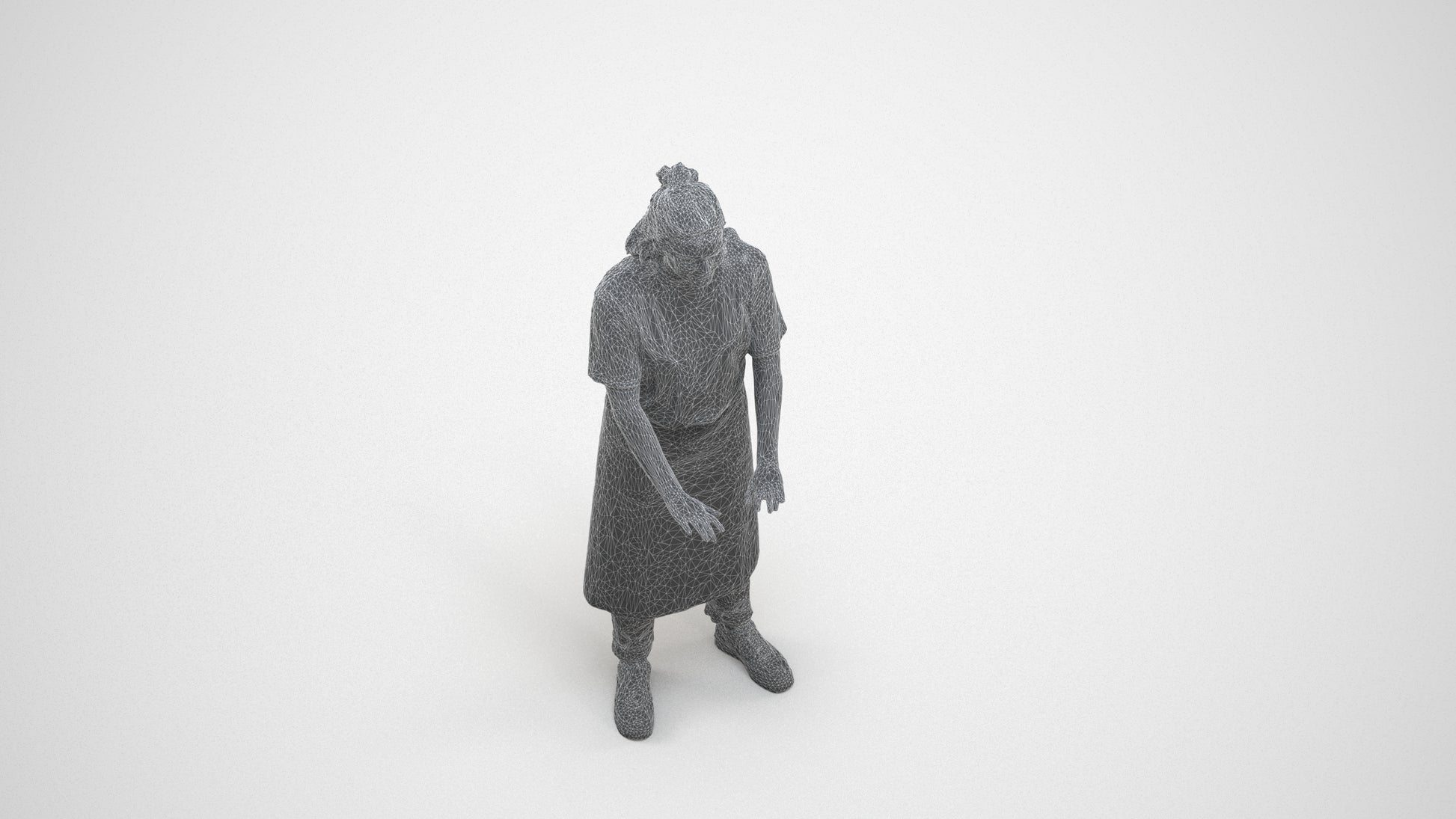 scanned 3D woman hospitality, photogrammetry people for Enscape and V-Ray, wireframe three-quarter view