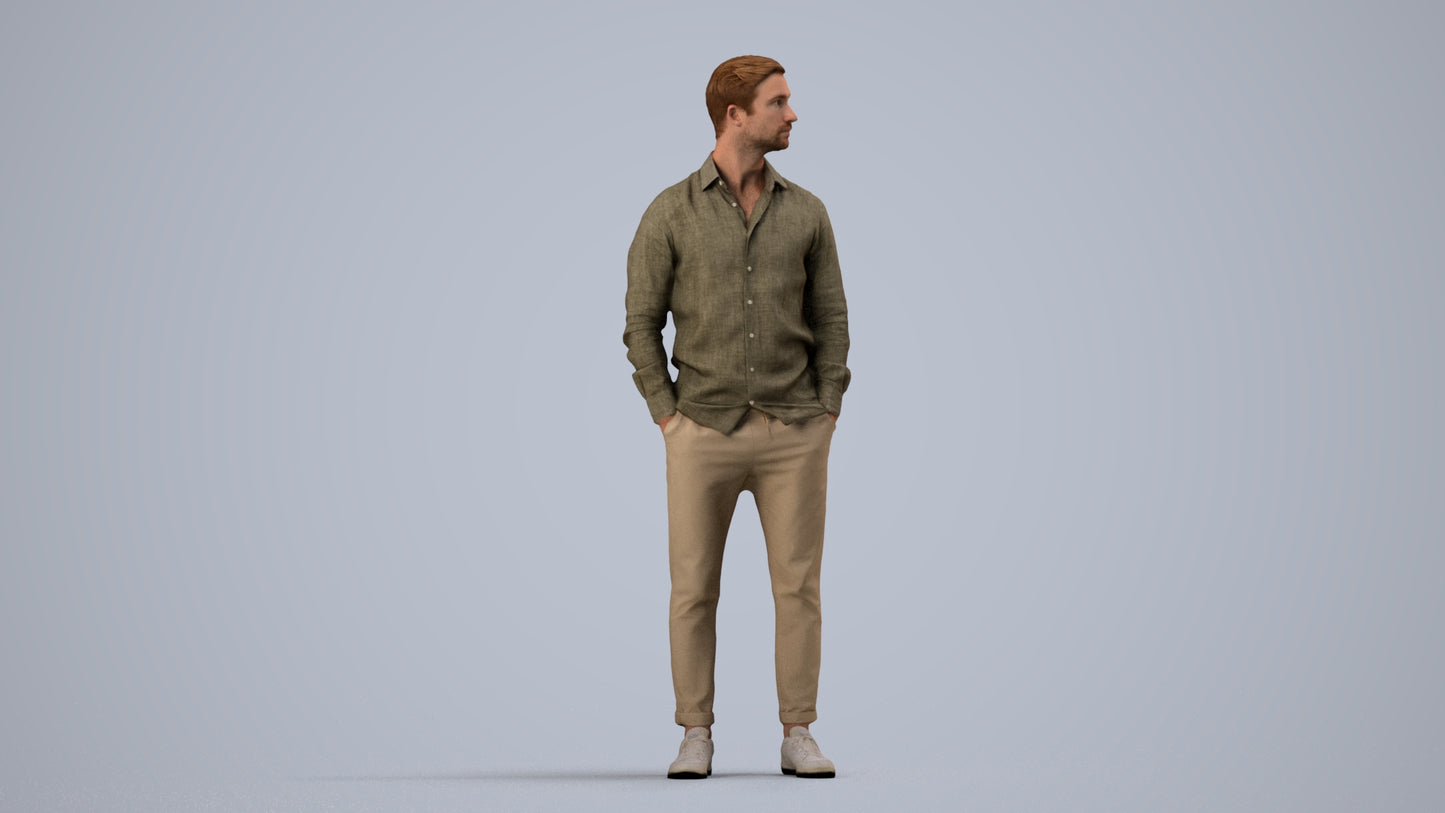 realistic 3D man casual standing, scanned archviz people for Blender and 3ds Max, side view render