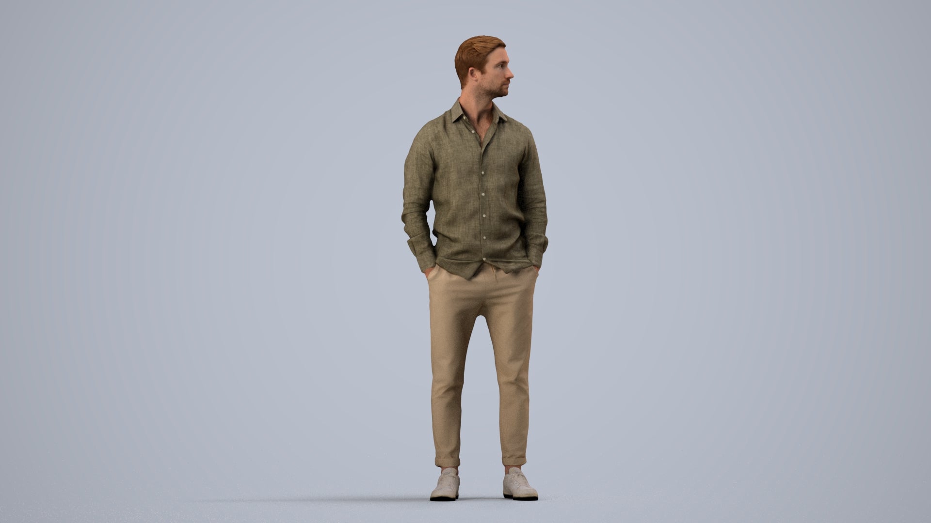 realistic 3D man casual standing, scanned archviz people for Blender and 3ds Max, side view render