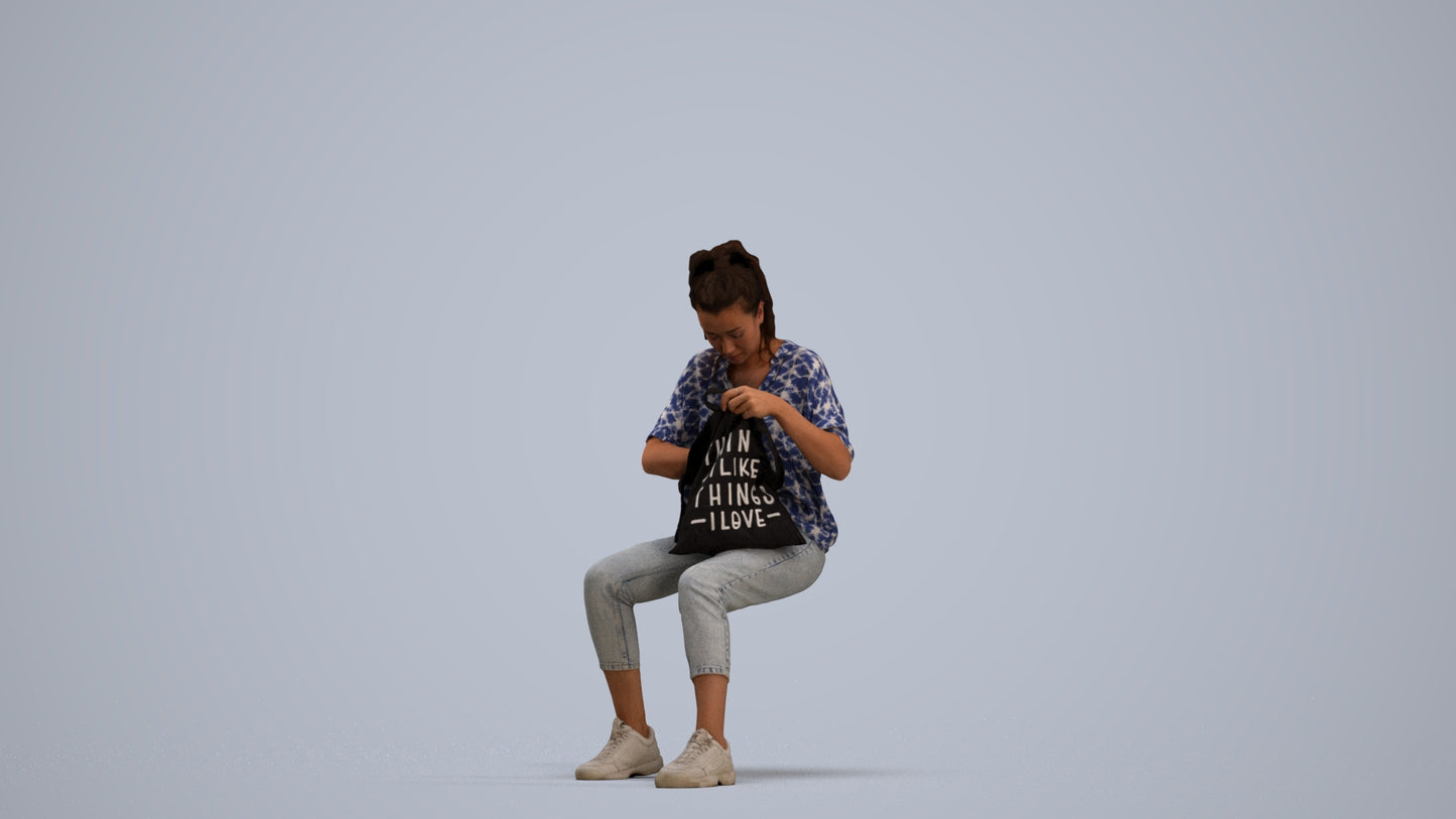 photogrammetry 3D woman casual sitting, realistic human model archviz FBX, standing pose render