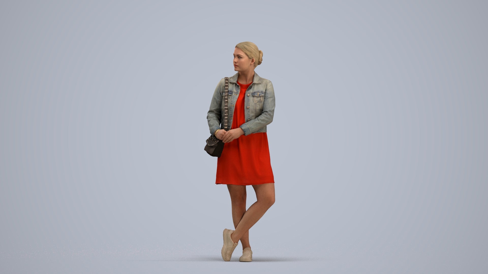 realistic 3D human woman casual standing, archviz people FBX OBJ for Blender, standing pose render