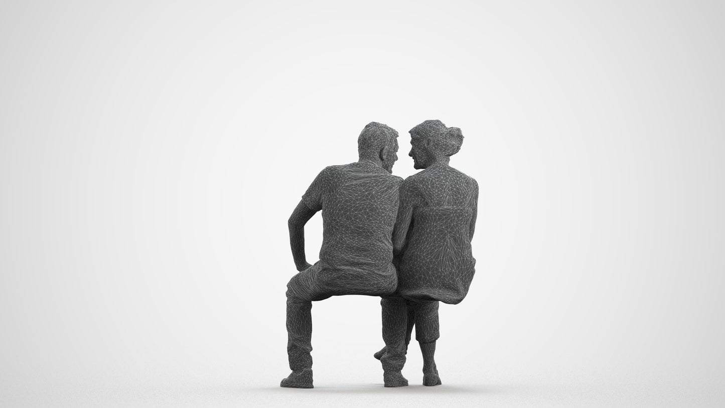 3D people model senior woman casual couple, scanned human for 3ds Max rendering, wireframe front view