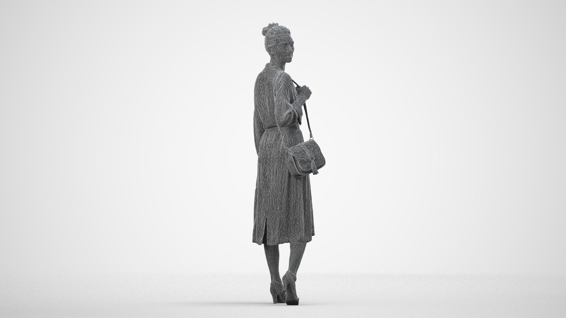 3D human model woman casual walking, photogrammetry scanned person for archviz, wireframe side view