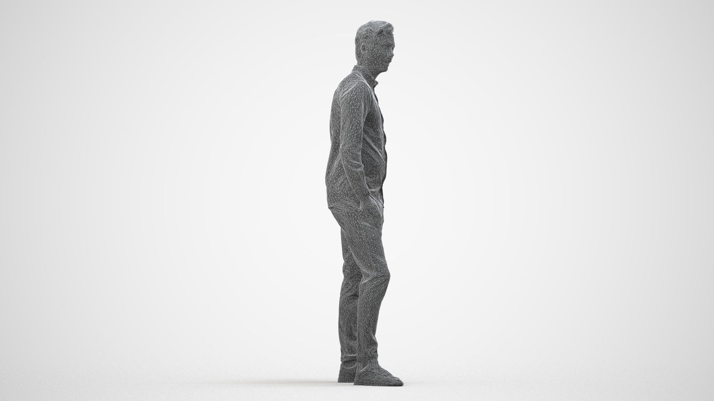 realistic 3D human man casual standing, archviz people FBX OBJ for Blender, wireframe side view