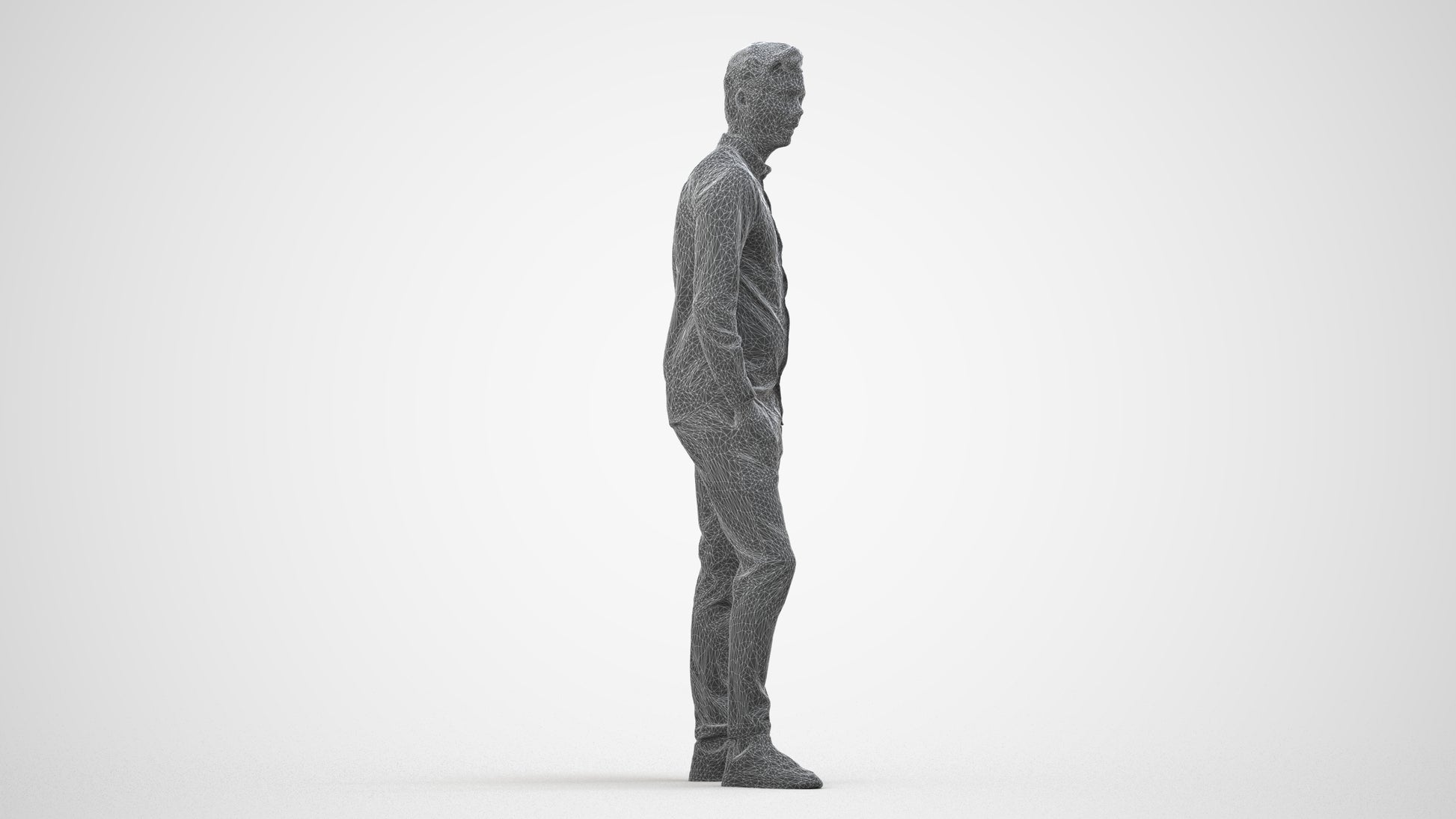 realistic 3D human man casual standing, archviz people FBX OBJ for Blender, wireframe side view