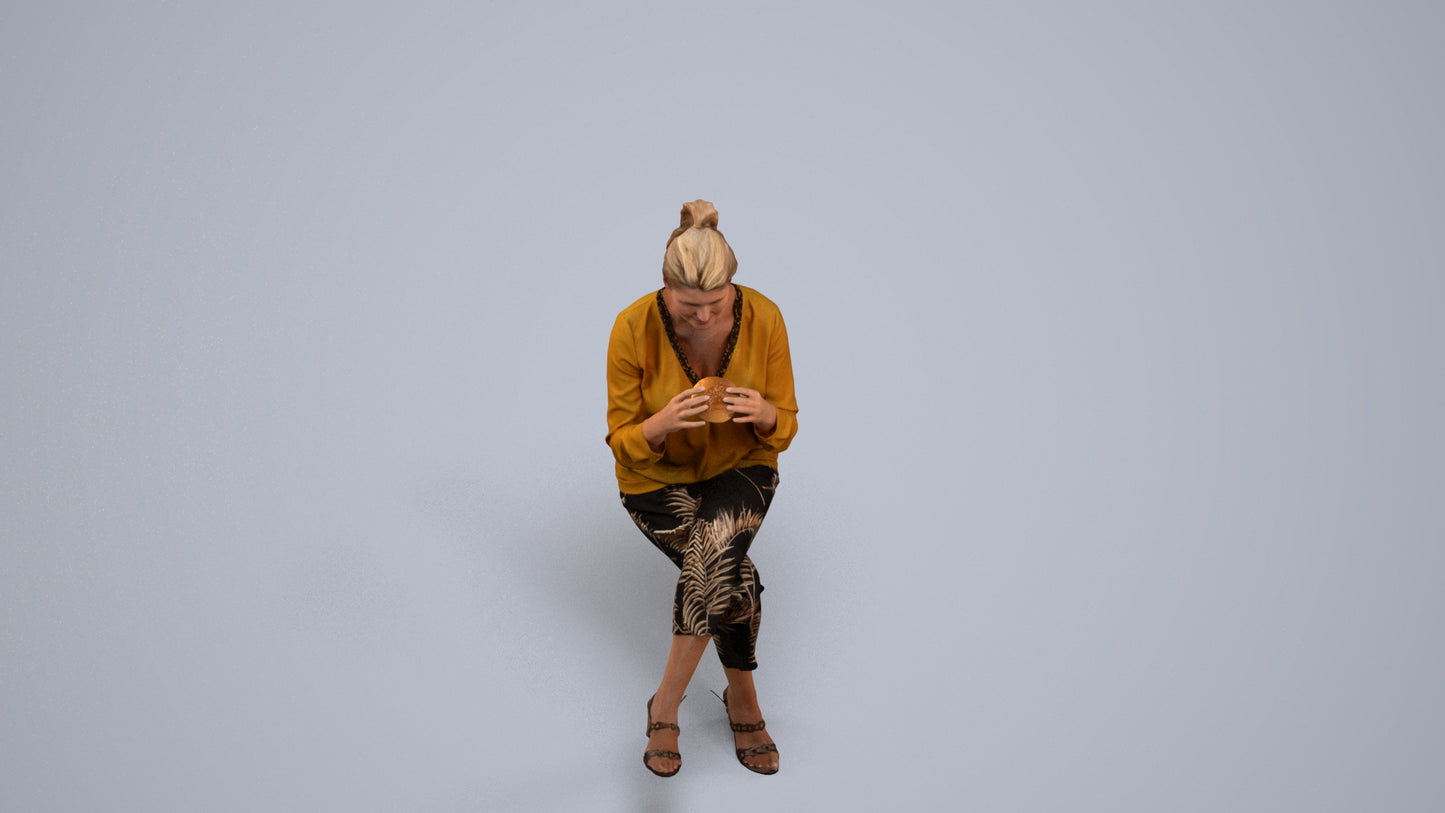 photogrammetry 3D woman casual sitting, realistic human model archviz FBX, back view render