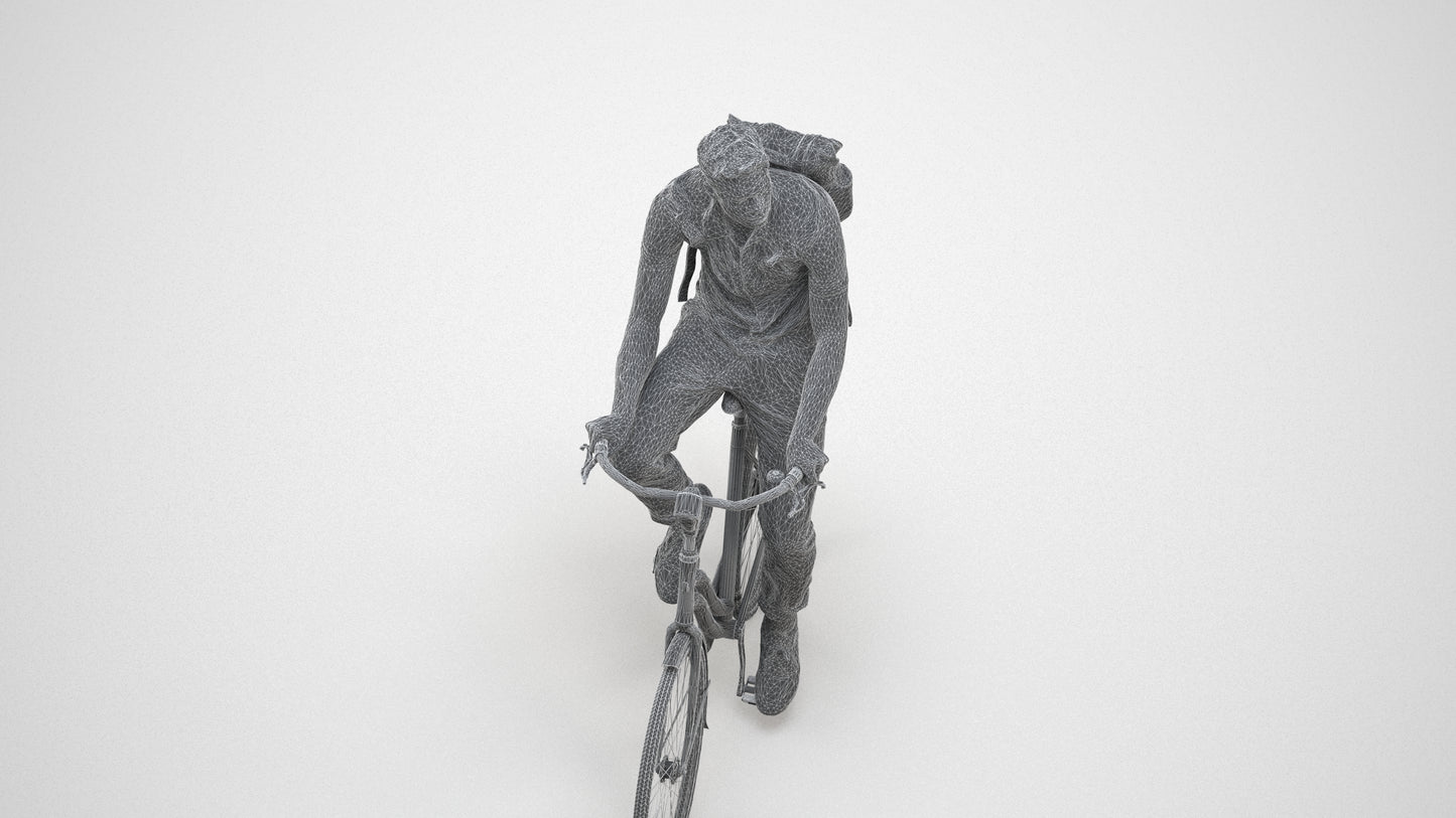 3D people model man casual cycling, scanned human for 3ds Max rendering, wireframe three-quarter view