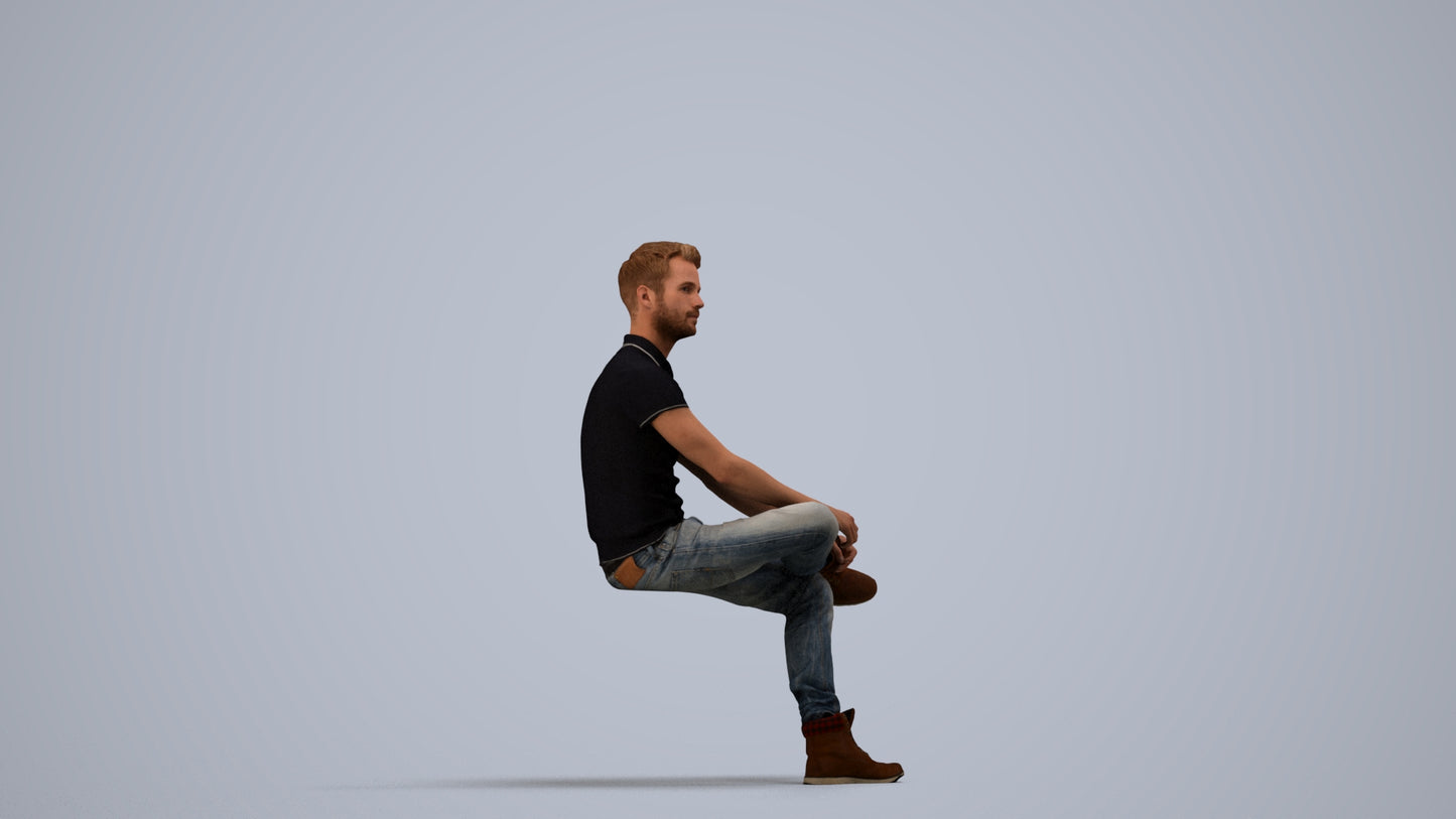 realistic 3D man casual sitting, scanned archviz people for Blender and 3ds Max, side view render