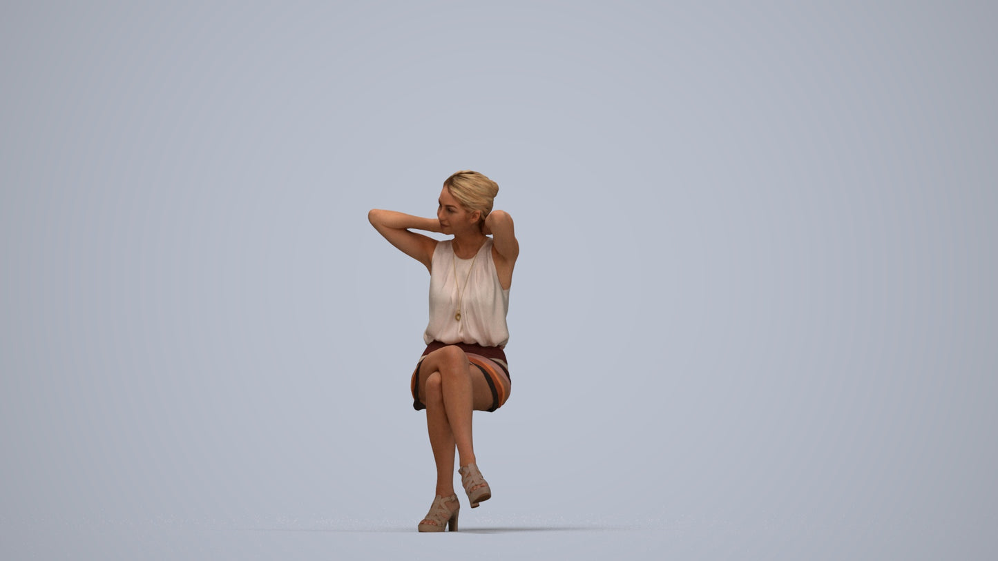 realistic 3D woman casual sitting, scanned archviz people for Blender and 3ds Max, top-down view render