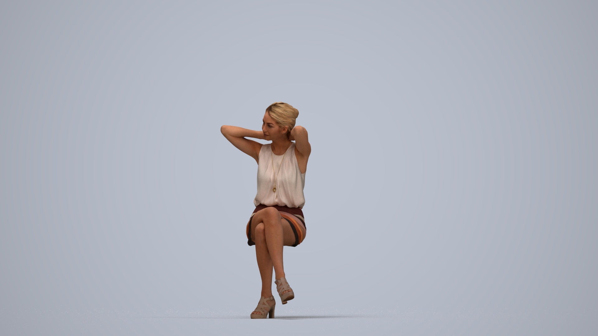 realistic 3D woman casual sitting, scanned archviz people for Blender and 3ds Max, top-down view render