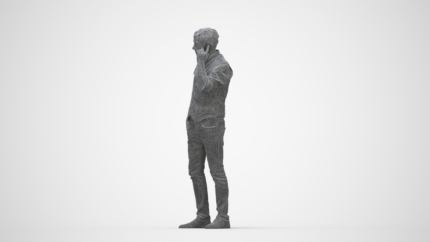 3D human model man casual standing, photogrammetry scanned person for archviz, wireframe back view