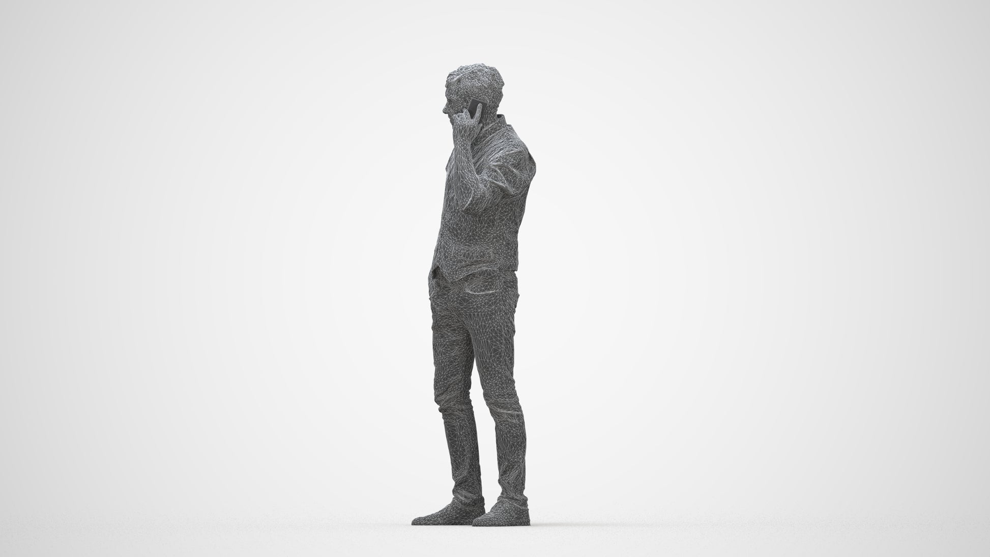 3D human model man casual standing, photogrammetry scanned person for archviz, wireframe back view