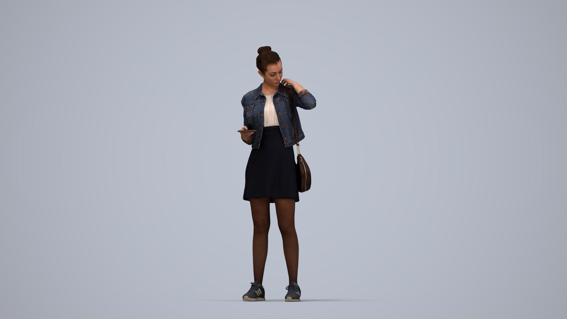 realistic 3D woman casual standing, scanned archviz people for Blender and 3ds Max, top-down view render