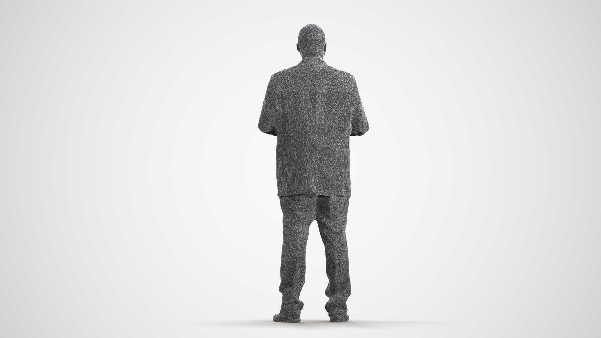 3D human model man business, photogrammetry scanned person for archviz, wireframe front view