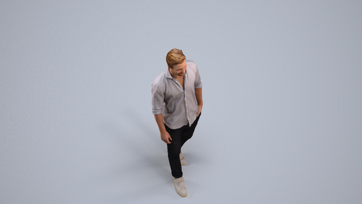 realistic 3D man casual walking, scanned archviz people for Blender and 3ds Max, back view render