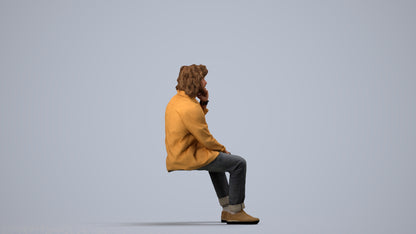 3D human model man casual sitting, photogrammetry scanned person for archviz, side view render